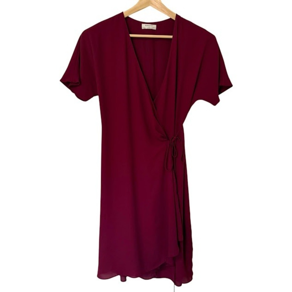 Aritzia Babaton Maroon‎ Red Short Sleeve Flutter Knee Length Wrap Dress Womens M